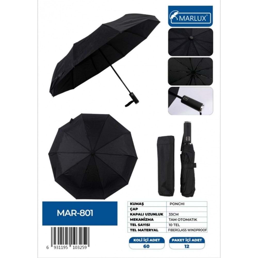 MARLUX MAR801M ŞEMSİYE 3 KATLI OTOMATİK RÜZGAR KORUMA 10 TEL*12