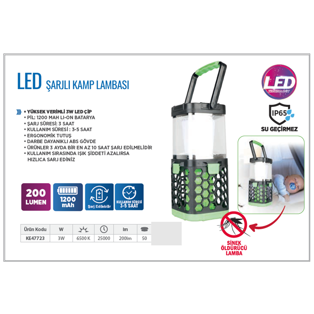 KE47723 KLAUS ŞARJLI KAMP FENERİ 3W 200LUMEN 1200MAH MOR IŞIKLI