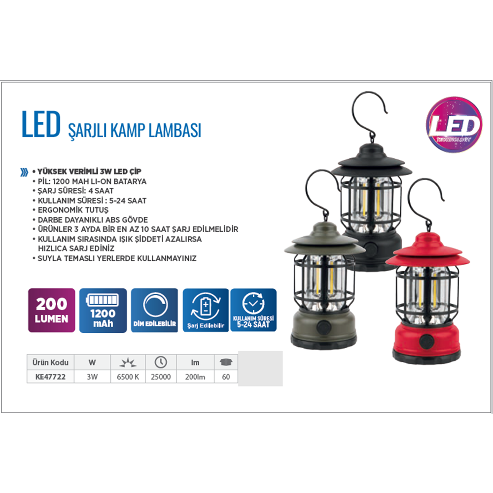 KE47722 KLAUS ŞARJLI KAMP FENERİ 3W 200LUMEN 1200MAH