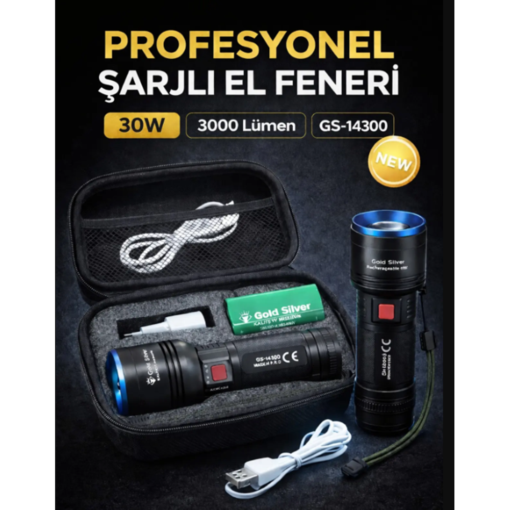 GS14300 GOLD SILVER EL FENERİ ŞARJLI LEDLİ 30W*20