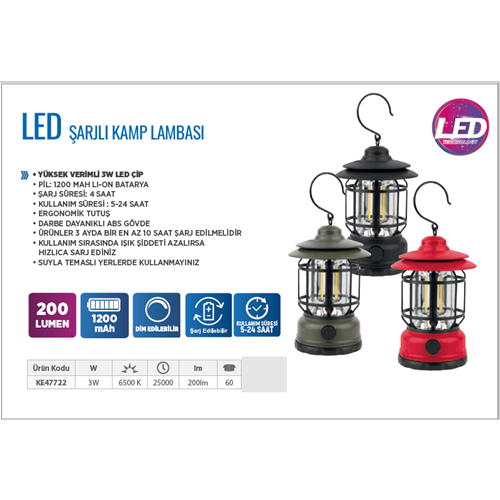KE47722 KLAUS ŞARJLI KAMP FENERİ 3W 200LUMEN 1200MAH