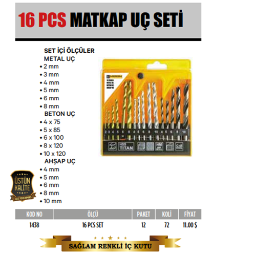 1438 MEŞEM MATKAP UÇ SETİ 16 PARÇA
