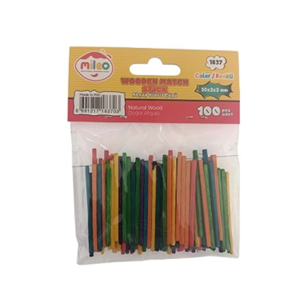 MİLEO 1837 AHŞAP ÇUBUK KİBRİT ÇÖPÜ 2X2X50 MM RENKLİ*24