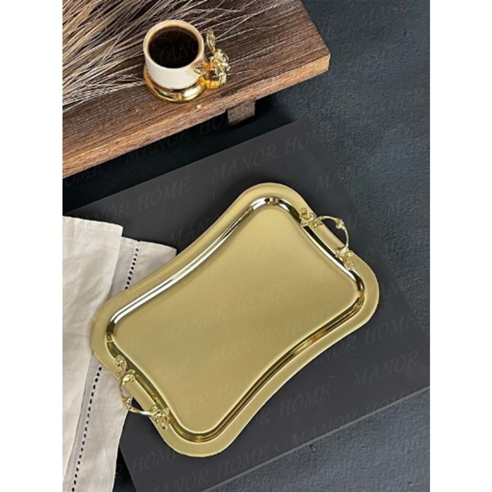 MANOR HOME MNR-TPSE196 İNCE İTALYAN GÜLLÜ KULP GOLD TEPSİ